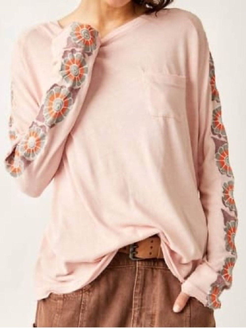 Free People On The Vine Tee Pink Embroidered Oversized Top Medium
